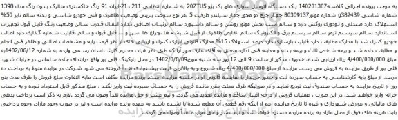 مزایده یک دستگاه اتومبیل سواری هاچ بک پژو 207TU5 