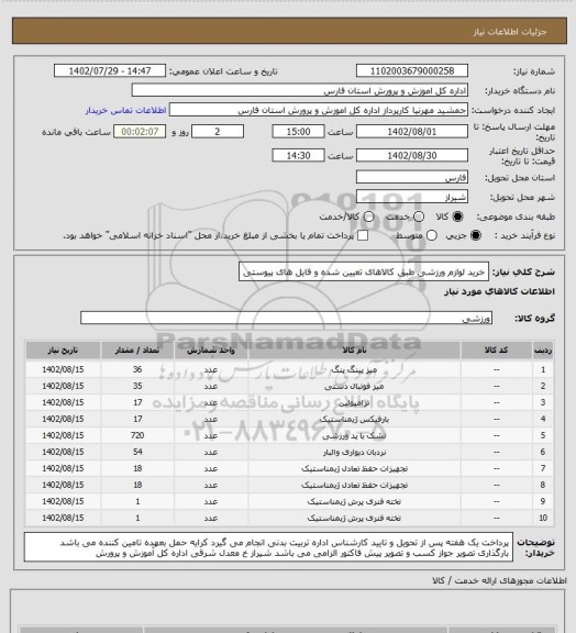 استعلام خرید لوازم ورزشی طبق کالاهای تعیین شده و فایل های پیوستی