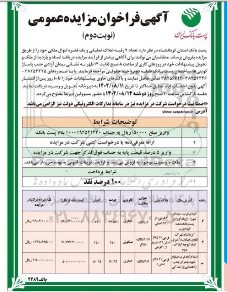 مزایده فروش تعداد 2 رقبه املاک تملیکی با کاربری تجاری - مسکونی - اداری - نوبت دوم