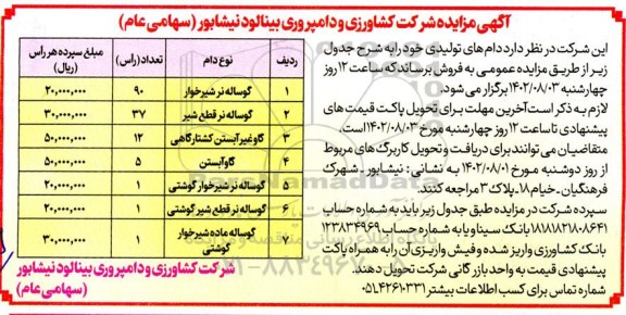 مزایده فروش دام های تولیدی شامل گوساله نر شیر خوار، گوساله نر قطع شیر و....