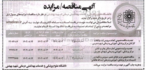 مناقصه و تجدید مزایده اجاره مکان چاپ و تکثیر مرکز پزشکی، آموزشی و درمانی ...
