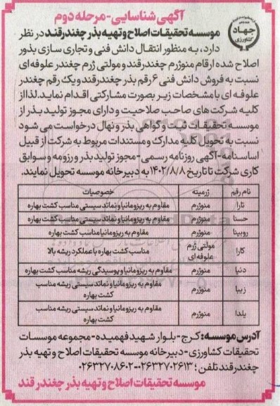 آگهی شناسایی فروش دانش فنی 6 رقم بذر چغندر - مرحله دوم