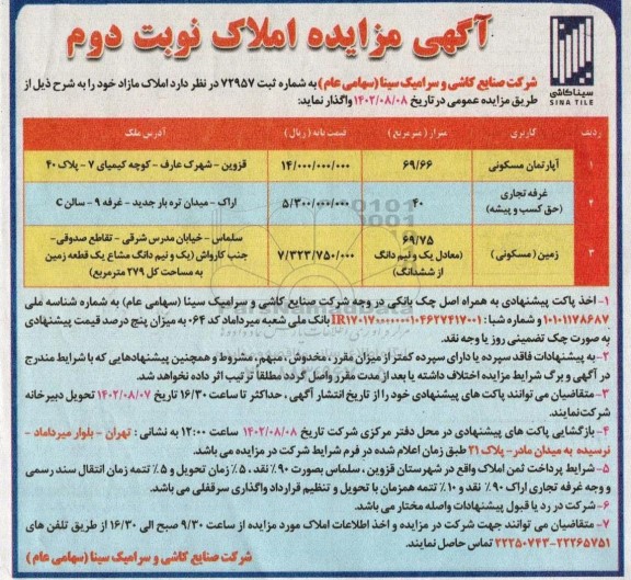 مزایده واگذاری املاک مازاد - نوبت دوم