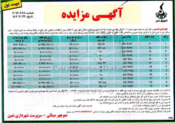 مزایده واگذاری 12 قطعه زمین از قطعات مسکونی