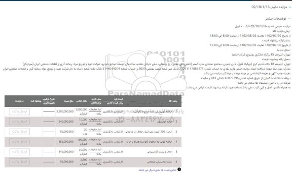 مزایده قراضه ذوبی پرس شده مخلوط گالوانیزه ...