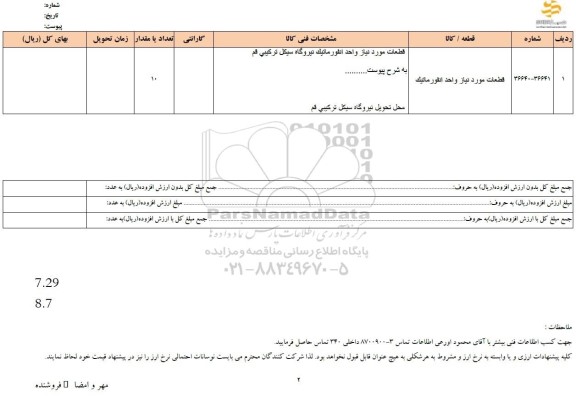 استعلام قطعات مورد نیاز واحد انفورماتیک