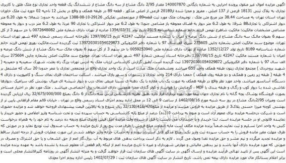 آگهی مزایده مقدار 2/95 دانگ مشاع از سه دانگ مشاع از ششدانگ یک قطعه واحد تجاری نوع ملک طلق با کاربری تجاری به پلاک ثبتی 18131 فرعی از 137 اصلی