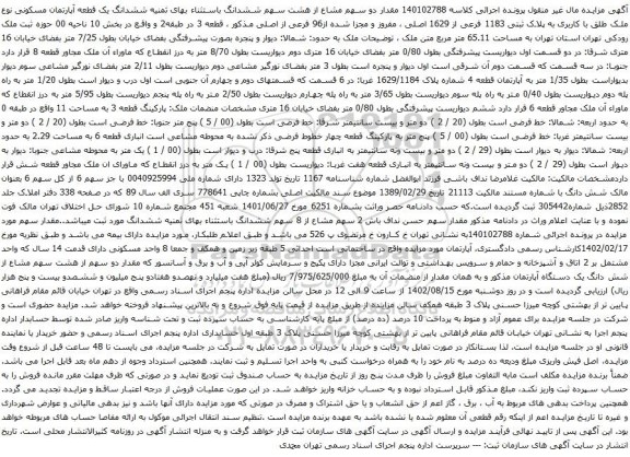 آگهی مزایده مقدار دو سهم مشاع از هشت سهم ششدانگ باستثناء بهای ثمنیه ششدانگ یک قطعه آپارتمان مسکونی نوع ملک طلق با کاربری به پلاک ثبتی 1183 فرعی از 1629 اصلی