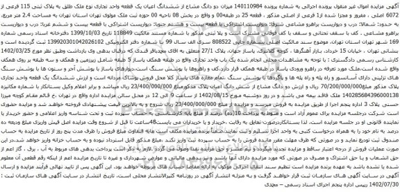 آگهی مزایده میزان دو دانگ مشاع از ششدانگ اعیان یک قطعه واحد تجاری نوع ملک طلق به پلاک ثبتی 115 فرعی از 6072 اصلی