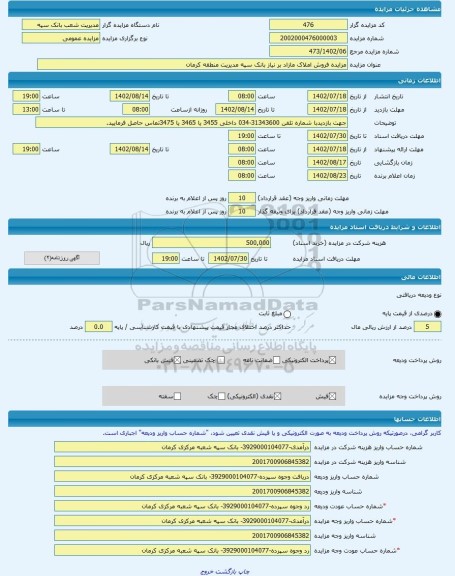 مزایده ، مزایده فروش املاک مازاد بر نیاز بانک سپه مدیریت منطقه کرمان -مزایده ساختمان - استان کرمان