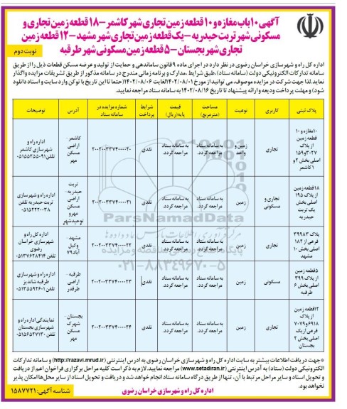 فراخوان واگذاری 10 باب مغازه و 10 قطعه زمین تجاری ... نوبت دوم 