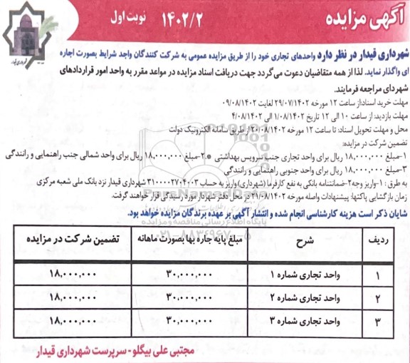 مزایده اجاره سه واحد تجاری