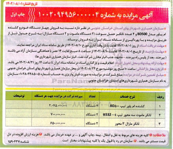 مزایده فروش چهار دستگاه خودرو کشنده ام پاور ....