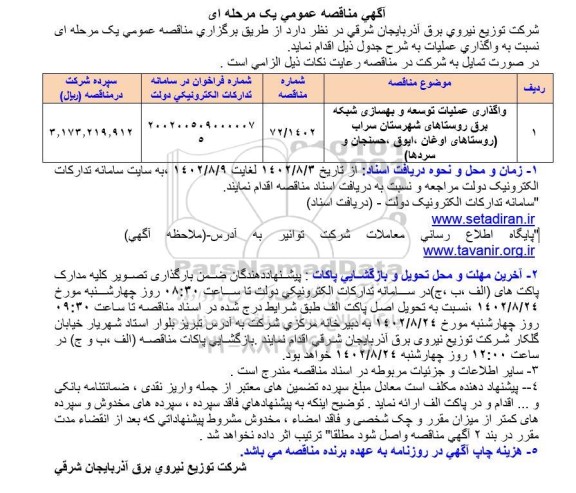 مناقصه واگذاری عملیات توسعه و بهسازی شبکه برق روستاها