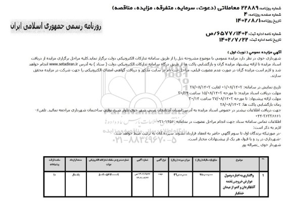 مزایده واگذاری به اجاره وصول عوارض خروجی تخمه آفتابگردان و کدو از میدان خشکبار