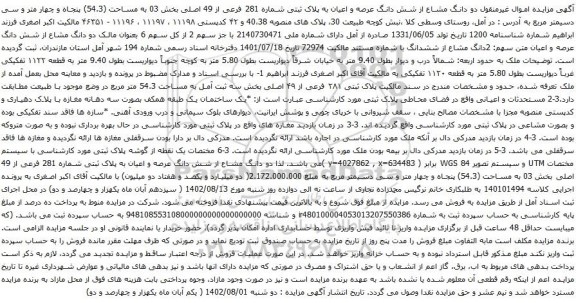 آگهی مزایده  دو دانگ مشاع از شش دانگ عرصه و اعیان به پلاک ثبتی شماره 281 فرعی از 49 اصلی بخش 03 به مساحت (54.3) پنجاه و چهار متر و سی دسیمتر مربع