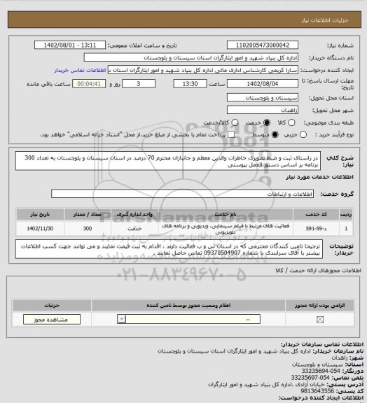 استعلام در راستای ثبت و ضبط تصویری خاطرات والدین معظم و جانبازان محترم 70 درصد در استان سیستان و بلوچستان به تعداد 300 برنامه بر اساس دستور العمل پیوستی