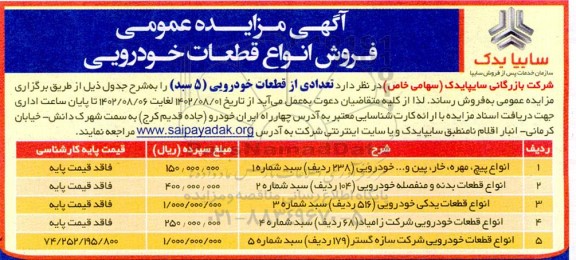 مزایده فروش انواع قطعات خودرویی