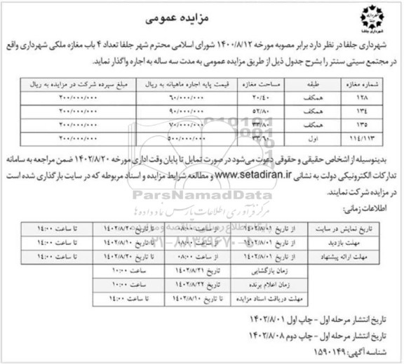 مزایده اجاره تعداد 4 باب مغازه ملکی شهرداری واقع در مجتمع سیتی سنتر