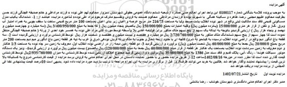 مزایده فروش ششدانگ یکباب منزل مسکونی قدیمی فاقد سند مالکیت ثبتی 