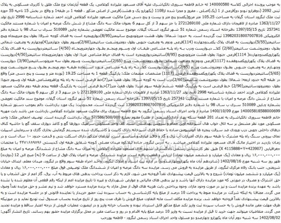 آگهی مزایده یک قطعه آپارتمان نوع ملک طلق با کاربری مسکونی به پلاک ثبتی 2092 