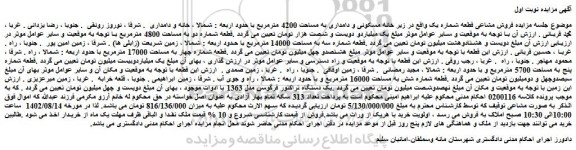 مزایده فروش مشاعی قطعه شماره یک واقع در زیر خانه مسکونی و دامداری به مساحت 4200 مترمربع