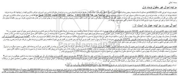 مزایده فروش قطعه اول زمین کشاورزی آبی به مساحت تقریبی 10529 مترمربع 