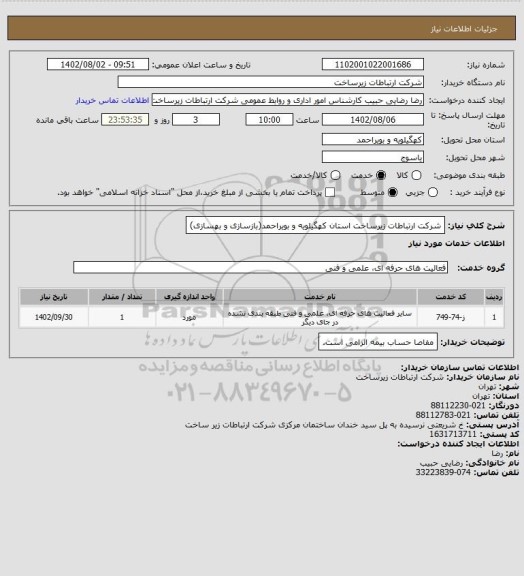 استعلام شرکت ارتباطات زیرساخت استان کهگیلویه و بویراحمد(بازسازی و بهسازی)