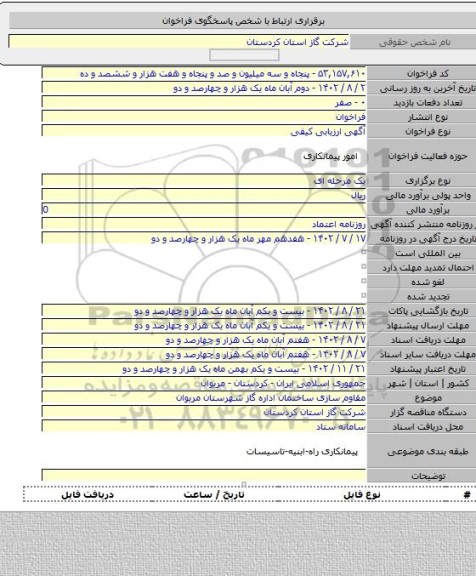 مناقصه, مقاوم سازی ساختمان اداره گاز شهرستان مریوان
