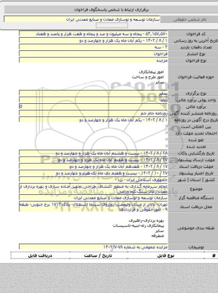 مزایده, انجام سرمایه گذاری به منظور اکتشاف٬طراحی٬تجهیز٬آماده سازی و بهره برداری از معدن زغال سنگ کوه ورامی