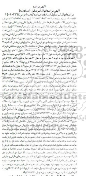 مزایده 43.48 شعیر مشاع از ششدانگ اعیان یکبابخانه کاربری مسکونی