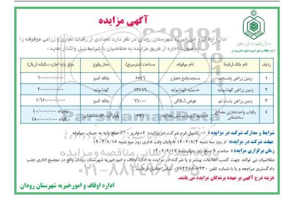 مزایده تعدادی از رقبات تجاری و زراعی موقوفه