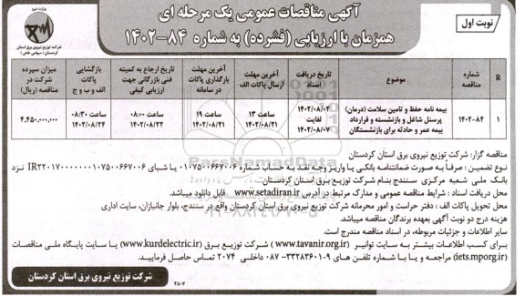 مناقصه بیمه نامه حفظ و تامین سلامت  درمان پرسنل
