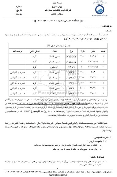 مناقصه خرید کابل SWR جهت چاه های شرکت