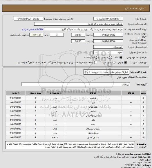 استعلام ابزارآلات بنایی طبق مشخصات پیوست 1 و 2