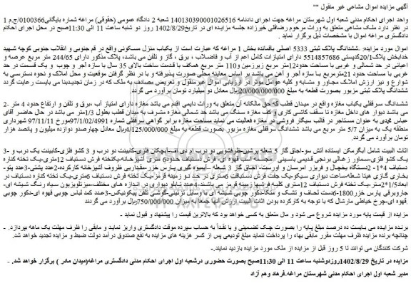 مزایده فروش ششدانگ پلاک ثبتی 5333 اصلی باقمانده 