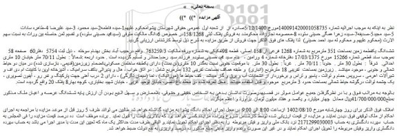 مزایده  ششدانگ­ یکقطعه زمین ­بمساحت 351 مترمربع
