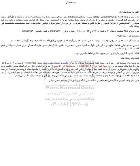 مزایده سواری پژو 206 خاکستری مدل 81