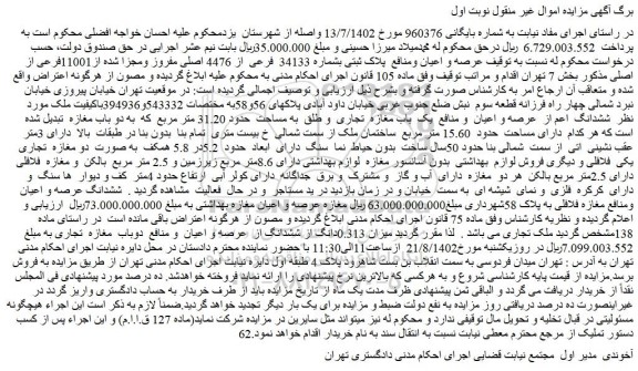 مزایده فروش عرصه و اعیان ومنافع پلاک ثبتی بشماره 34133 فرعی از 4476 اصلی مفروز ومجزا شده از11001فرعی از اصلی