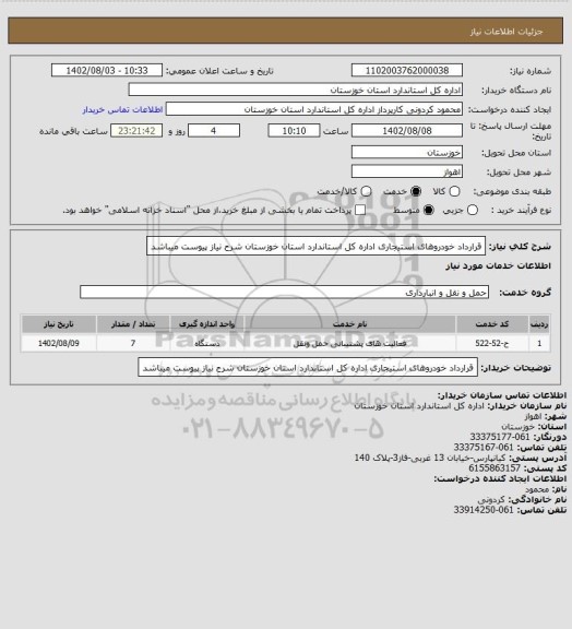 استعلام قرارداد خودروهای استیجاری اداره کل استاندارد استان خوزستان
شرح نیاز پیوست میباشد