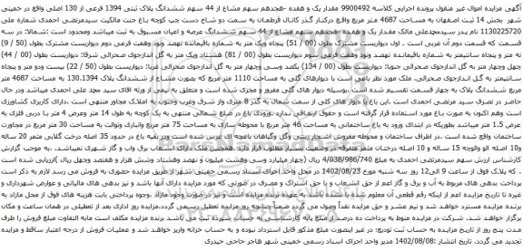 آگهی مزایده  مقدار یک و هفده -هجدهم سهم مشاع از 44 سهم ششدانگ پلاک ثبتی 1394 فرعی از 130 اصلی