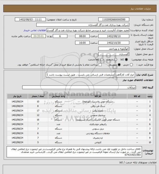 استعلام ابزار آلات کارگاهی(مشخصات فنی ارسالی می بایست ، طبق لیست پیوست باشد )