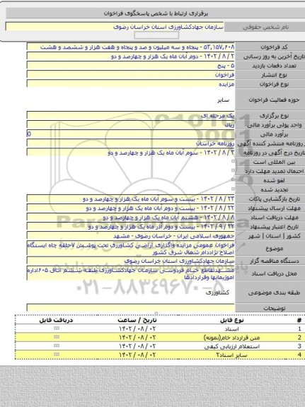 مزایده, فراخوان عمومی مزایده واگذاری اراضی کشاورزی تحت پوشش ۷حلقه چاه ایستگاه اصلاح نژاددام شمال شرق کشور