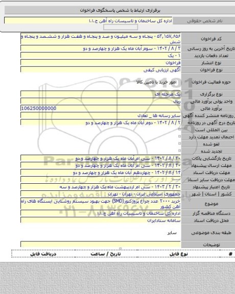 مناقصه, خرید ۲۰۰۰ عدد چراغ پروژکتور(SMD) جهت بهبود سیستم روشنایی ایستگاه های راه آهن کشور