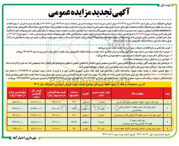 تجدید مزایده فروش 5 قطعه از زمین های خود