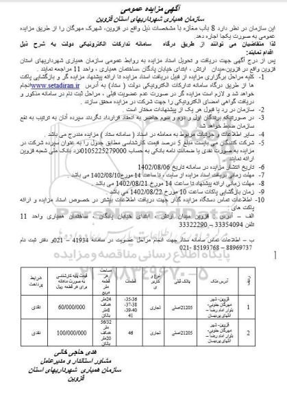 مزایده اجاره 8 باب مغازه 