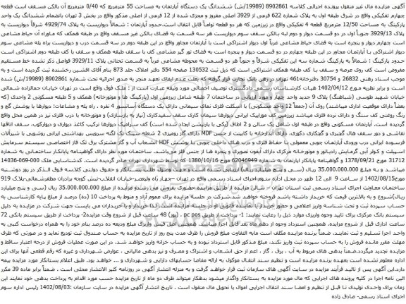 آگهی مزایده ششدانگ یک دستگاه آپارتمان به مساحت 55 مترمربع