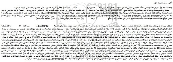 مزایده فروش شش دانگ عرصه و اعیانی به انضمام امتیازات و اشتراکات و منصوبات یکباب منزل مسکونی