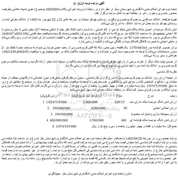 مزایده فروش شش دانگ عرصه و اعیان ملک پلاک ثبتی 404 فرعی از 45 اصلی