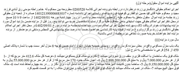 مزایده فروش یک باب منزل مسکونی